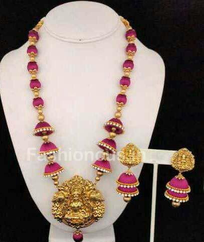 Pink Silk Balls and Jhumka with Laxshmi Antique Pendant Silk Thread Jewellery Set-STJS-038