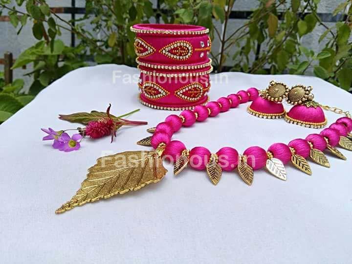 Pink Silk Balls with Leaf Antique Pendant Silk Thread Jewellery Set-STJS-039
