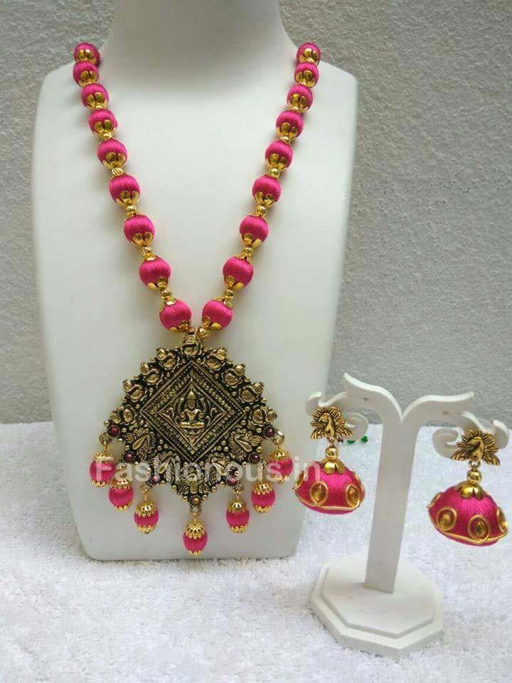 Pink Silk Balls with Rhombus Antique Pendant Silk Thread Jewellery Set-STJS-033