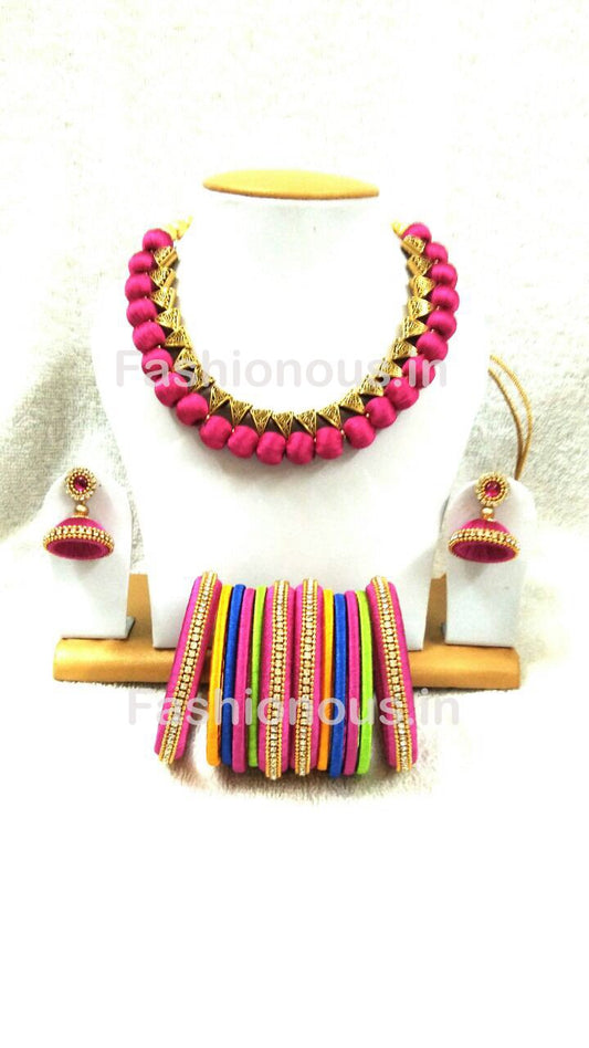 Pink Silk Thread Jewellery Set-STJSW-012