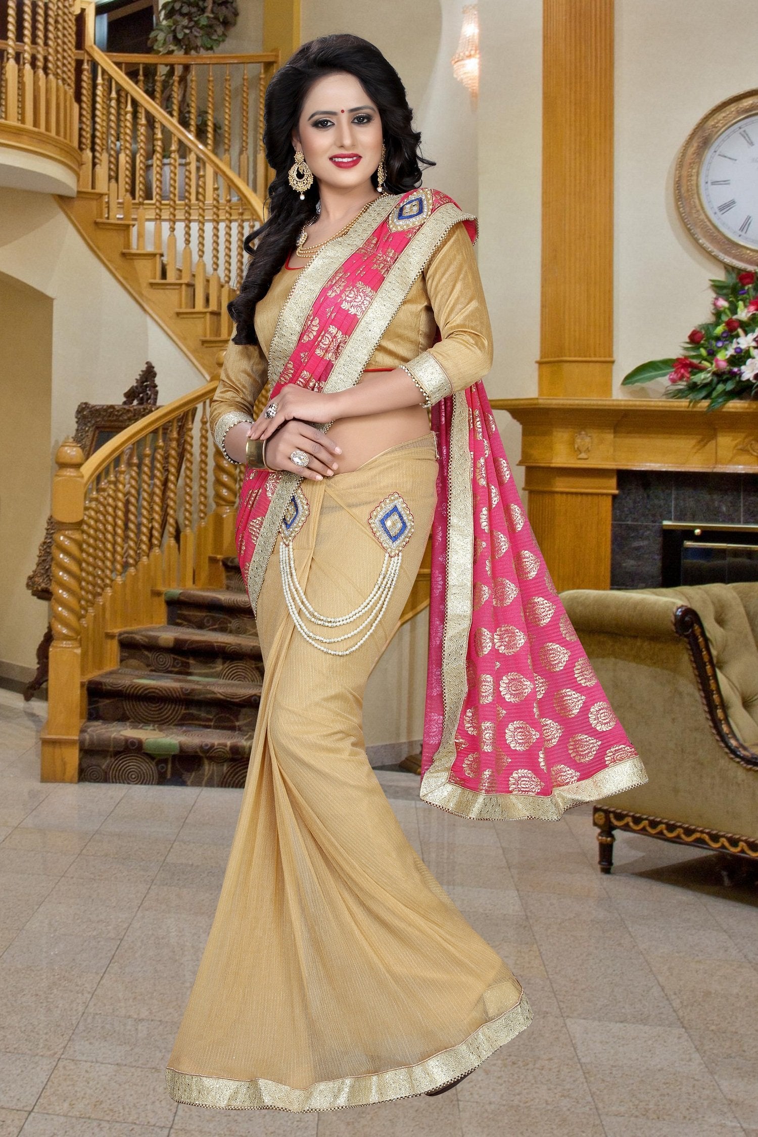 Pink and Beige colour Embroidery Patch Work Saree-SRP-GS-10