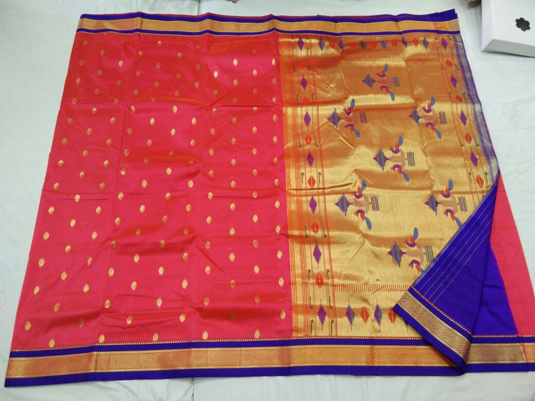 Pink and Blue Border with Golden Peacock Pallu Semi Paithani Saree-PAITHANI-104