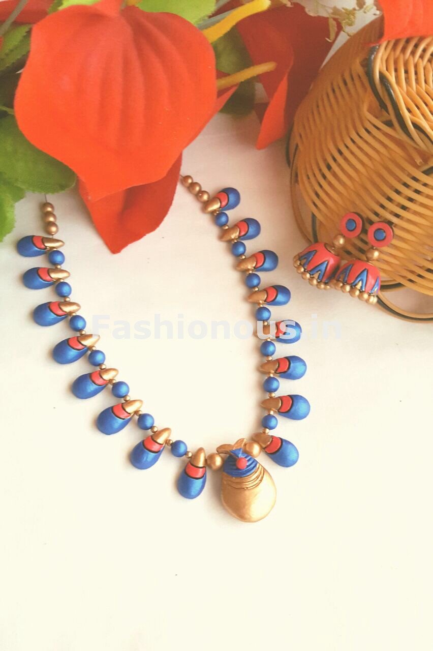 Pink and Blue Droplet Design Terracotta Jewellery Set -TJS-020