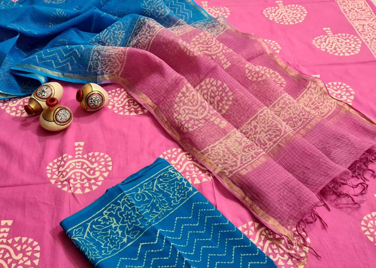 Pink and Blue Handblock Unstitched Printed Cotton Suit