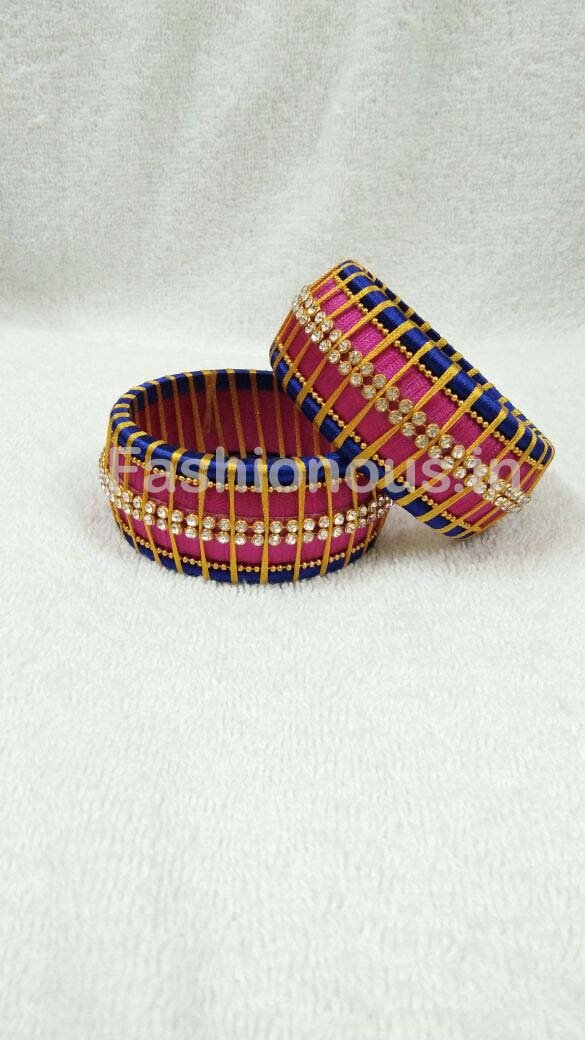 Pink and Blue Stone Worked Silk Thread Bangle Pair-STJSW-049