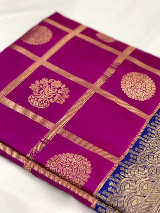 Pink and Blue with Floral Pot Zari Work Banarasi Silk Saree-SRE-137