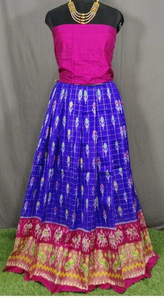 Pink and Dark Blue Ikkat Pure Silk Lehenga