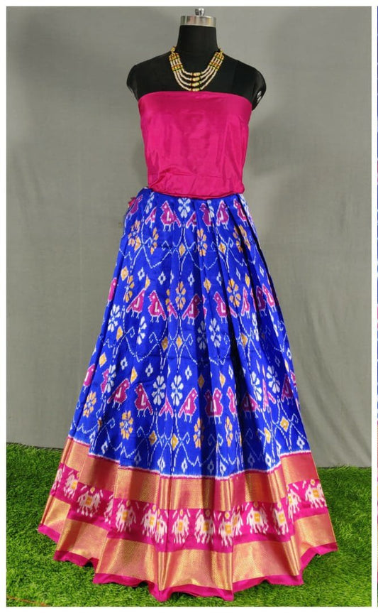 Pink and Dark Blue Ikkat Pure Silk Lehenga