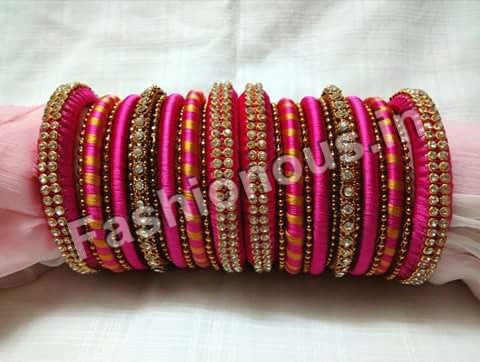 Pink and Gold Designer Silk Thread Bangles