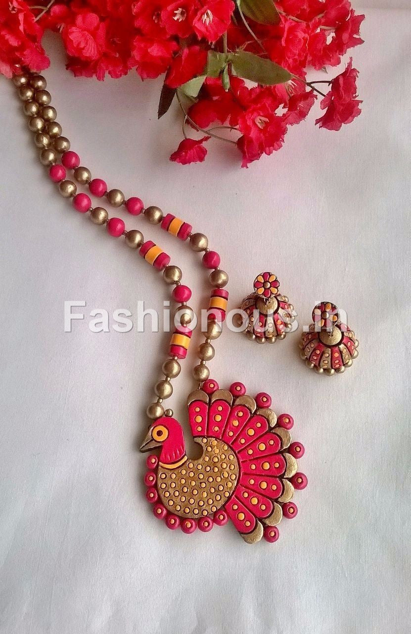 Pink and Gold Peacock Terracotta Jewellery Set