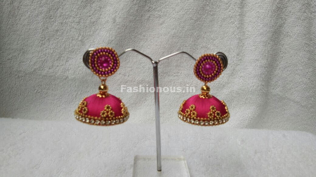 Pink and  Golden Beaded Silk Thread Jhumkas-STJH-064