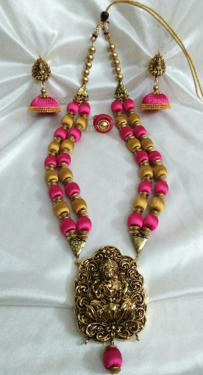 Pink and Golden Lakshmi Silk Thread Necklace and Earrings