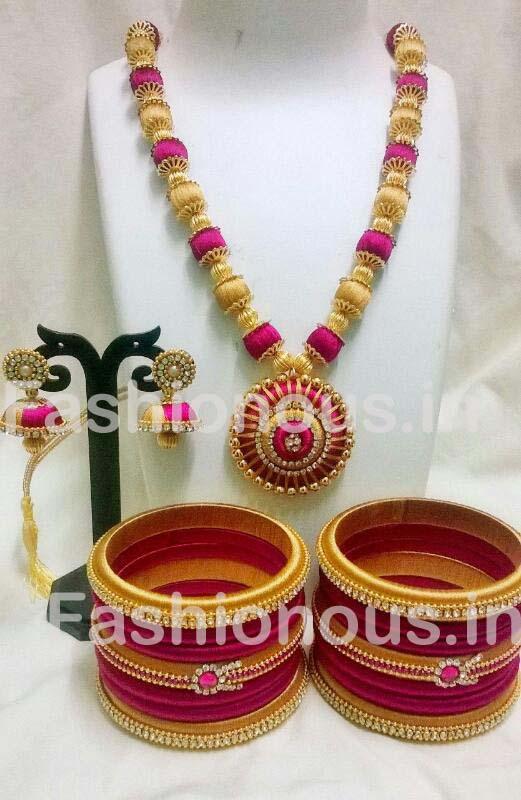 Pink and Golden Round Pendant Silk Thread Jewellery Set-STJSW-107