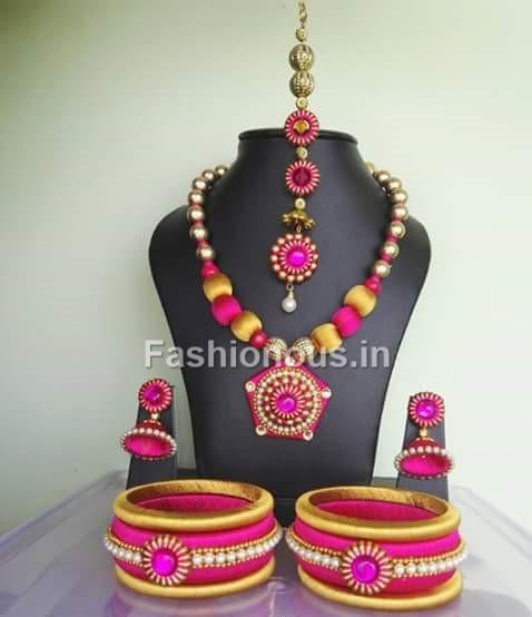 Pink and Golden Silk Thread Jewellery Set