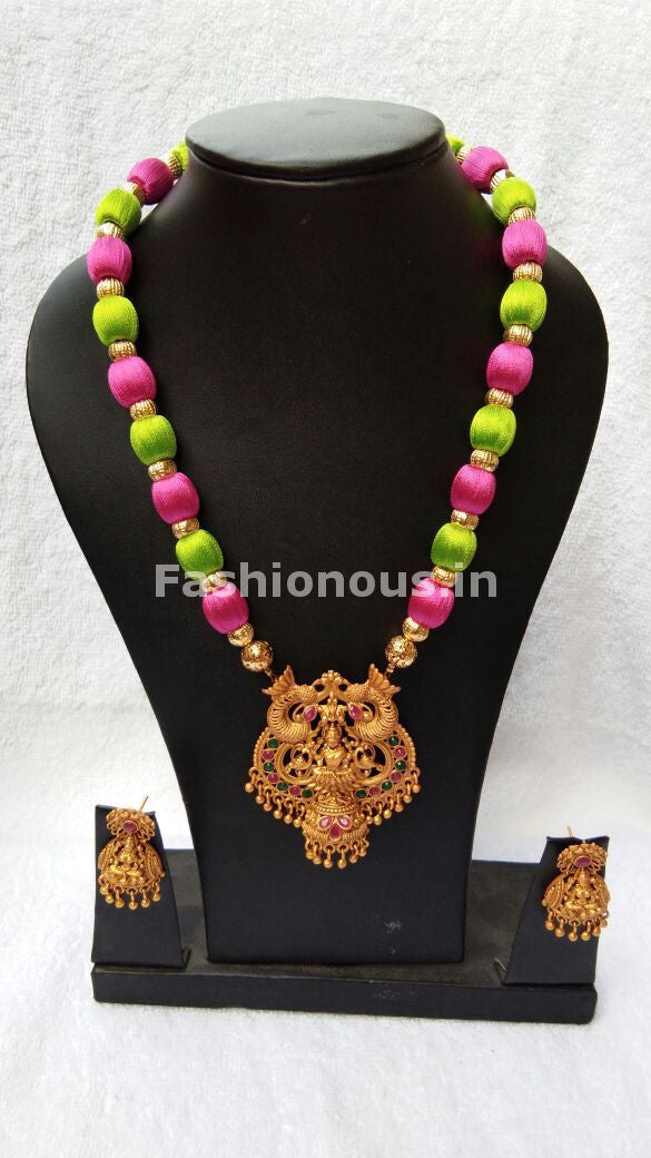 Pink and Green Balls  with Lakhsmi Pendant Silk Thread Jewellery Set-STJS-019