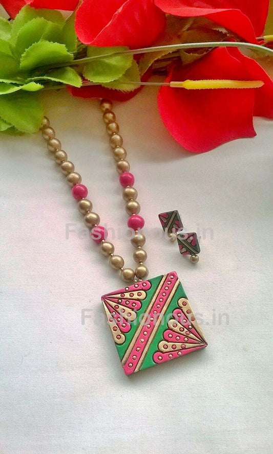 Pink and Green Floral Squared Terracotta Pendant Set-TJS-040