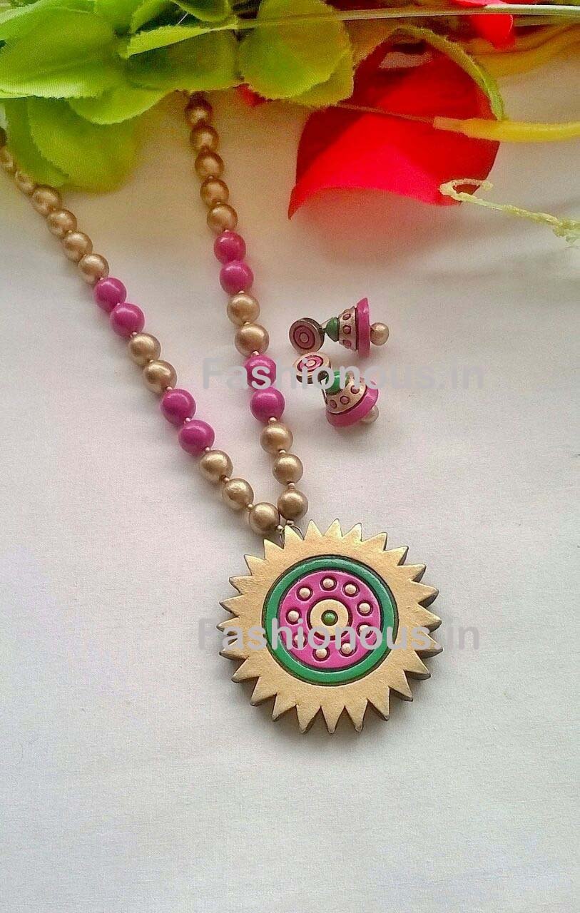Pink and Green Floral Terracotta Pendant Set-TJS-041