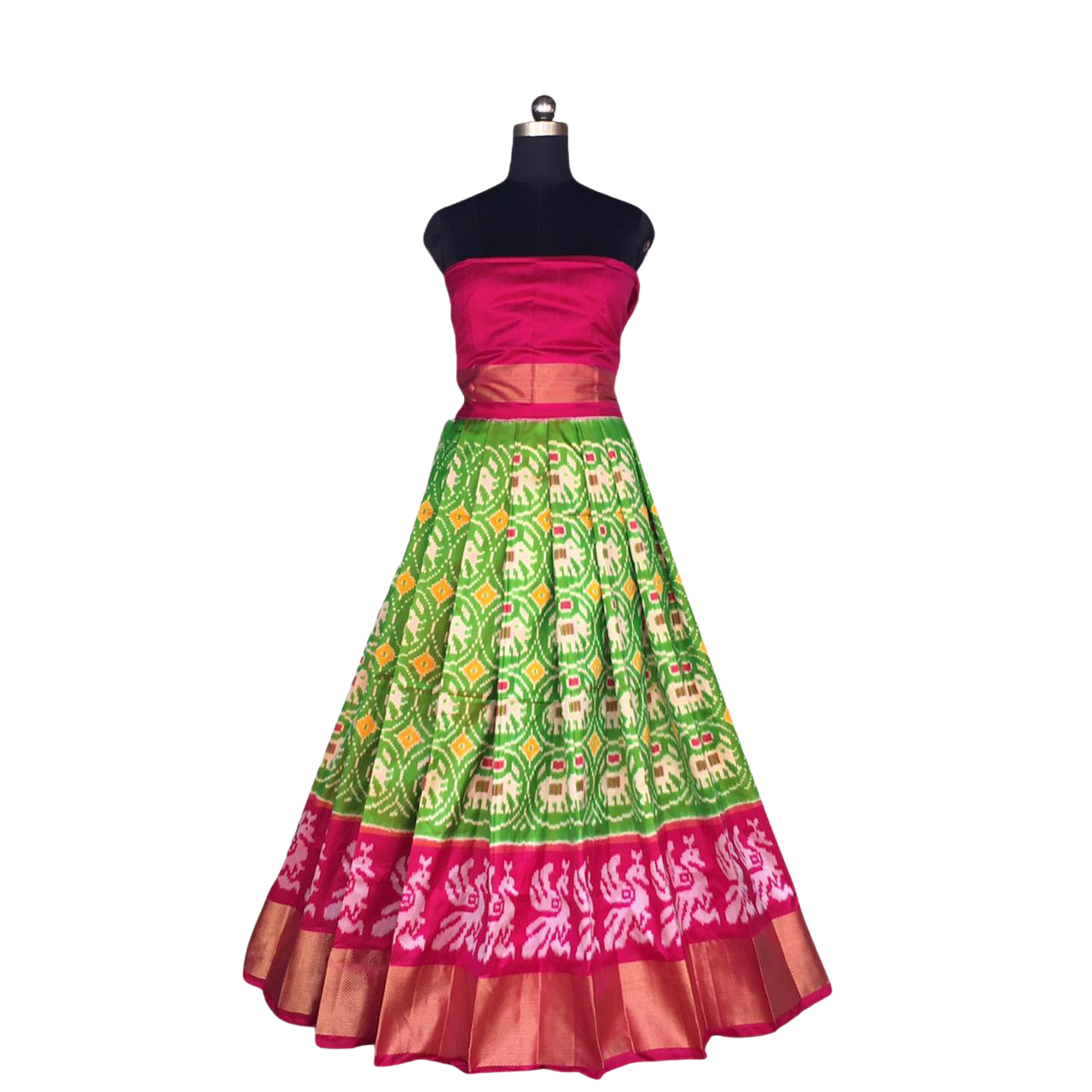 Pink and Green Ikkat Pure Slik Lehenga