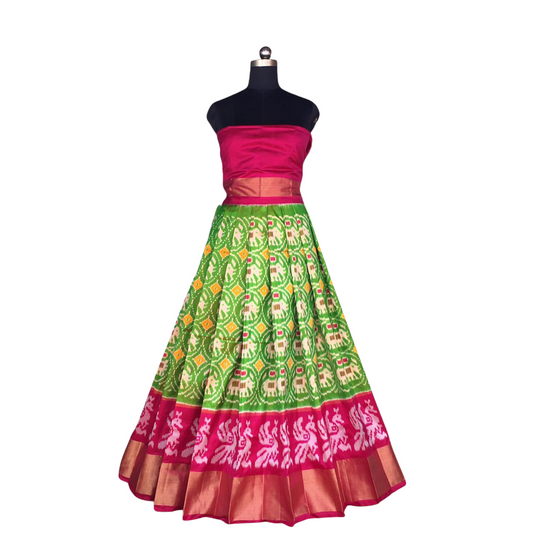 Pink and Green Ikkat Pure Slik Lehenga