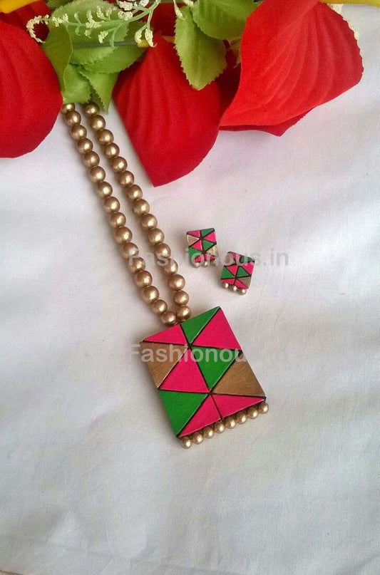 Pink and Green Rectangular Terracotta Pendant Set-TJS-046