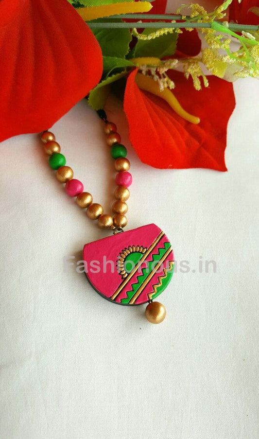 Pink and Green Semi Circled Terracotta Necklace-TJS-033