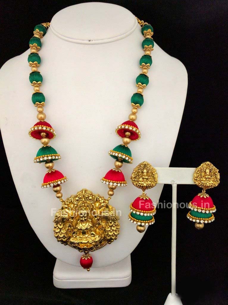 Pink and Green Silk Balls and Jhumka with Laxshmi Antique Pendant Silk Thread Jewellery Set-STJS-043