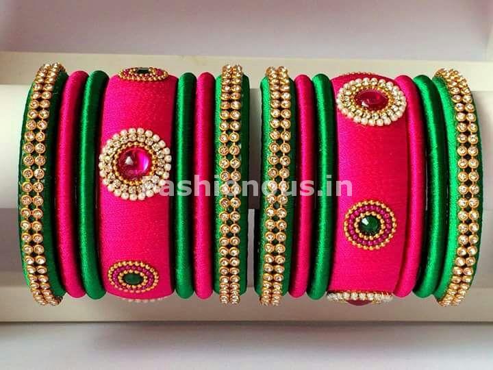 Pink and Green Silk Thread Bangle Set-STBS-014