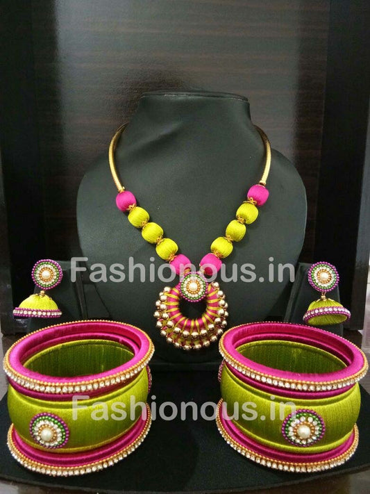 Pink and Light Green Chandbali Pendant Silk Thread Jewellery Set-STJSW-102
