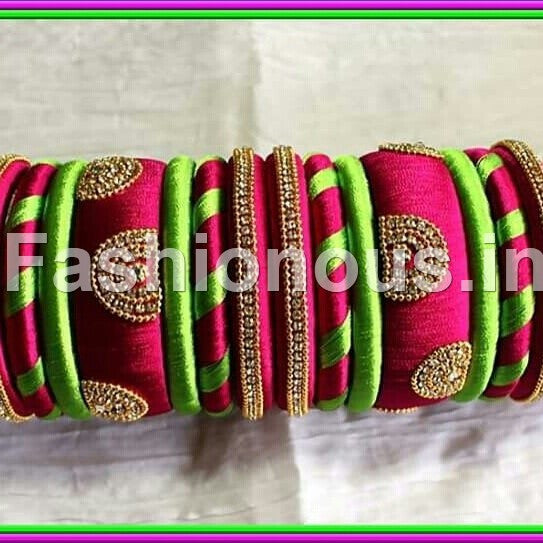 Pink and Light Green  Designer Silk Thread Bangles