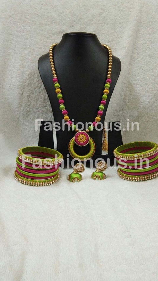 Pink and Light Green with Chandbali Pendant Silk Thread Jewellery Set-STJSW-074