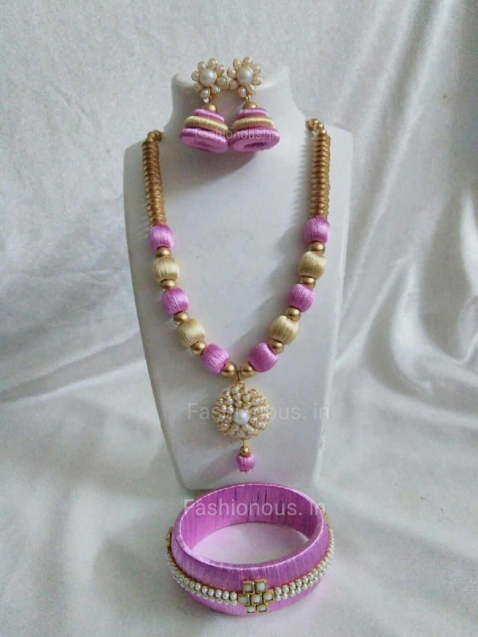 Pink and Off Whit Silk Thread Jewellery Set