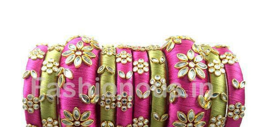 Pink and Olive Green Floral Stone Worked Bangle Set-STJSW-034