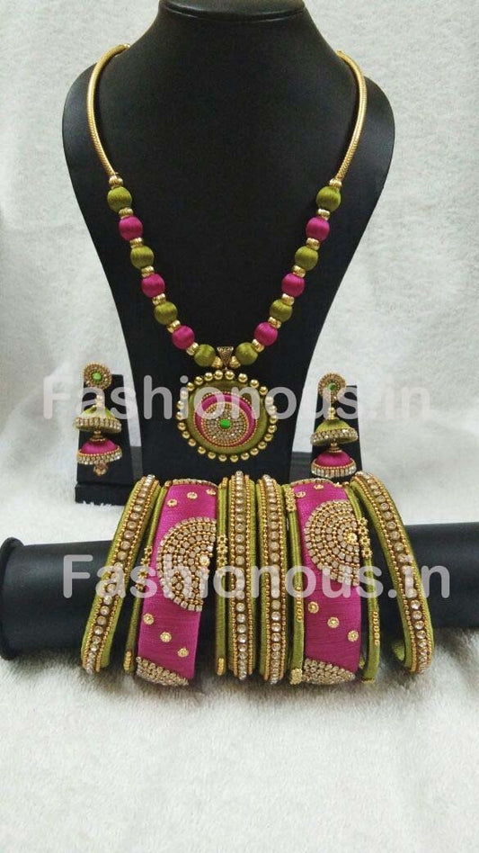 Pink and Olive Green Round Pendant Silk Thread Jewellery Set-STJSW-089