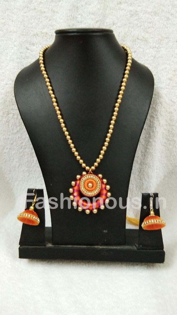 Pink and Orange Chandbali Pendant Silk Thread Jewellery Set-STJSW-093