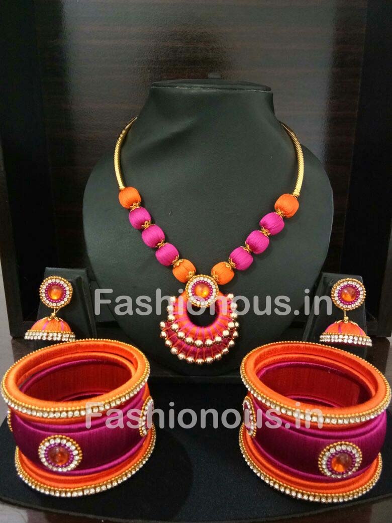 Pink and Orange Chandbali Pendant Silk Thread Jewellery Set-STJSW-103