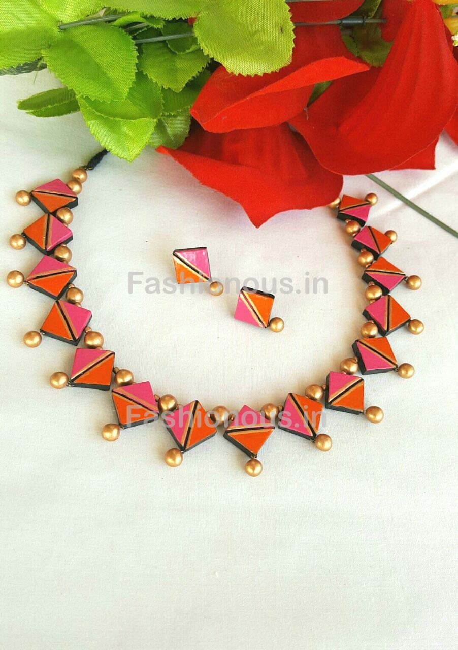 Pink and Orange Diamond Shaped Terracotta Jewellery  Set-TJS-065