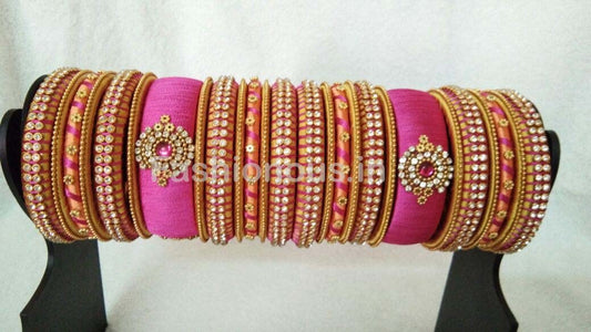 Pink and Orange Floral Stone Worked Silk Thread Bangle Set-STJSW-057
