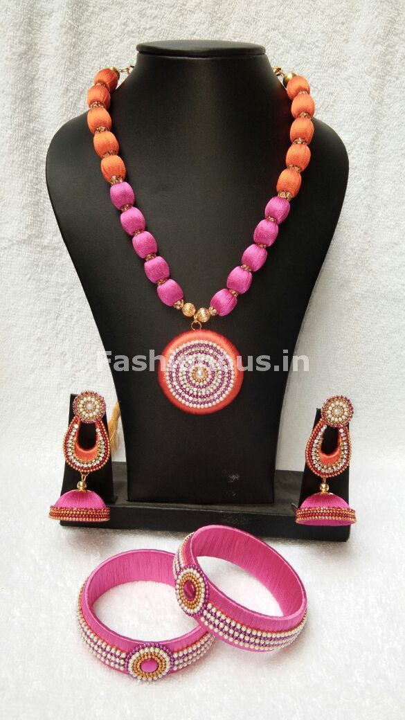 Pink and Orange Round Pendant Silk Thread Jewellery Set-STJS-012