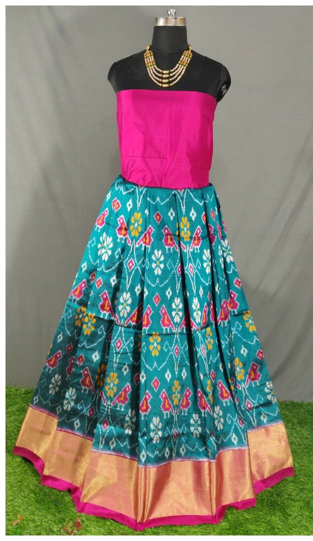 Pink and Peacock Blue Ikkat Pure Silk Lehenga