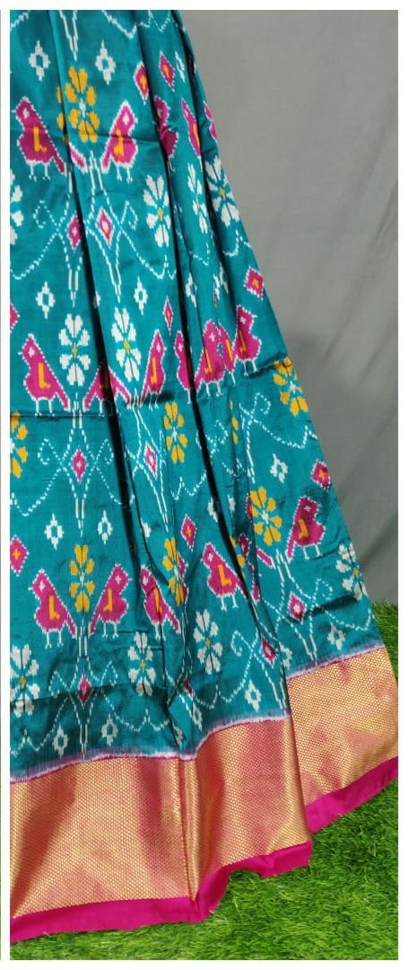 Pink and Peacock Blue Ikkat Pure Silk Lehenga