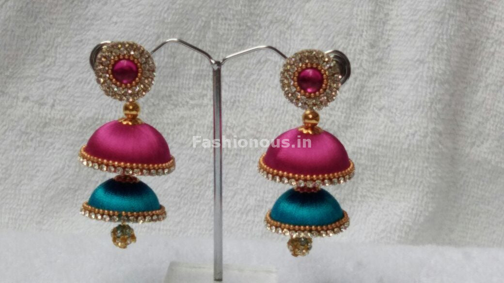 Pink and Sky Blue Double Colored Silk Thread  Jhumkas-STJH-071