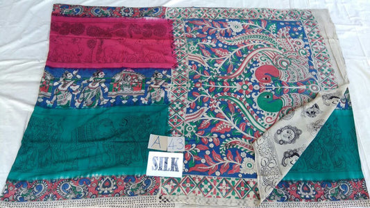 Pink and Teal Green with Patil Pallu Silk Kalamkari Saree-KALAMKARI-0072