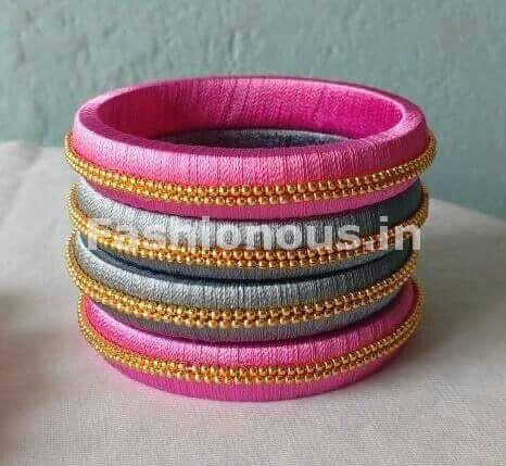 Pink and Turquoise Blue Silk Thread Bangle Set-STBS-010