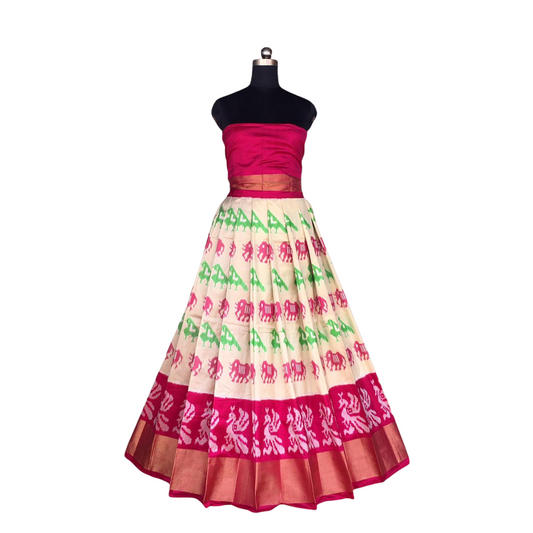 Pink and White Ikkat Pure Silk Lehenga