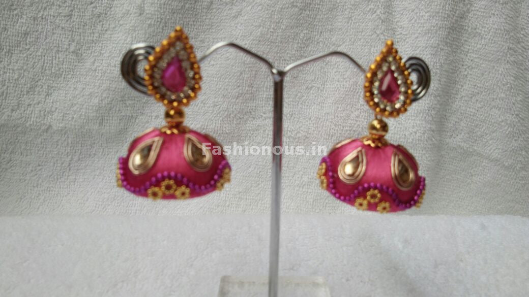 Pink and White Stone Studded Silk Thread Jhumkas-STJH-063
