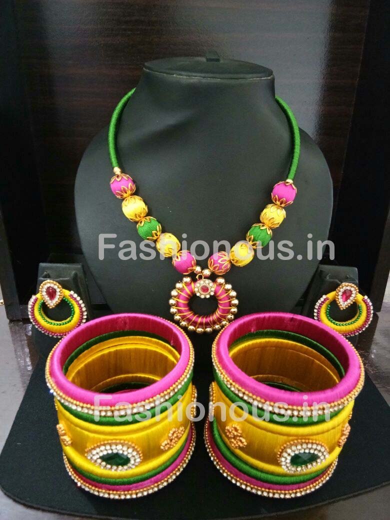 Pink and Yellow Chandbali Pendant Silk Thread Jewellery Set-STJSW-104