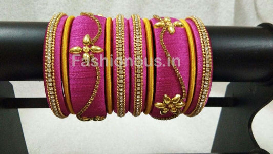 Pink and Yellow Floral Stone Worked Silk Thread Bangle Set-STJSW-067