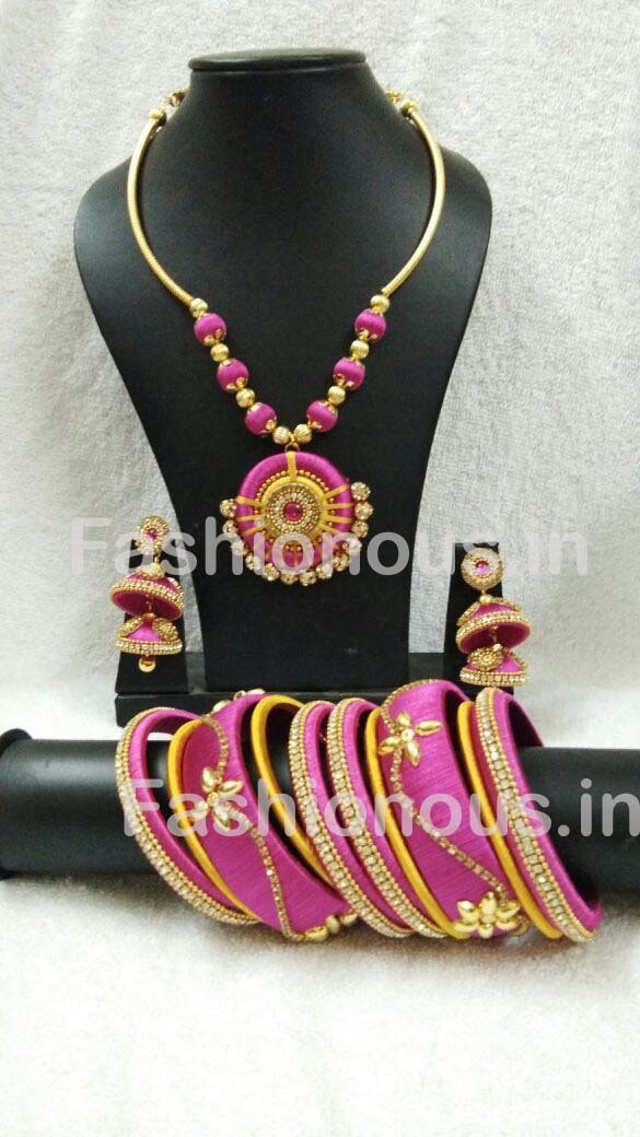 Pink and Yellow Round Pendant Silk Thread Jewellery Set-STJSW-095