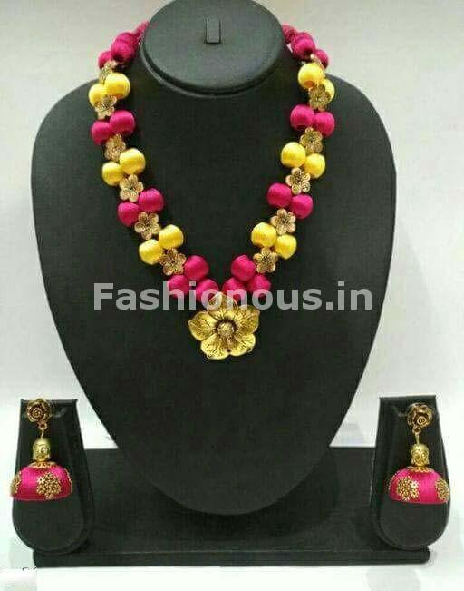 Pink and Yellow Silk Balls with Golden Floral Pendant Silk Thread Jewellery Set-STJS-032