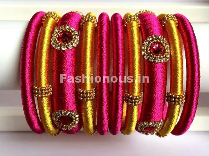 Pink and Yellow Silk Thread Bangle Set-STBS-011